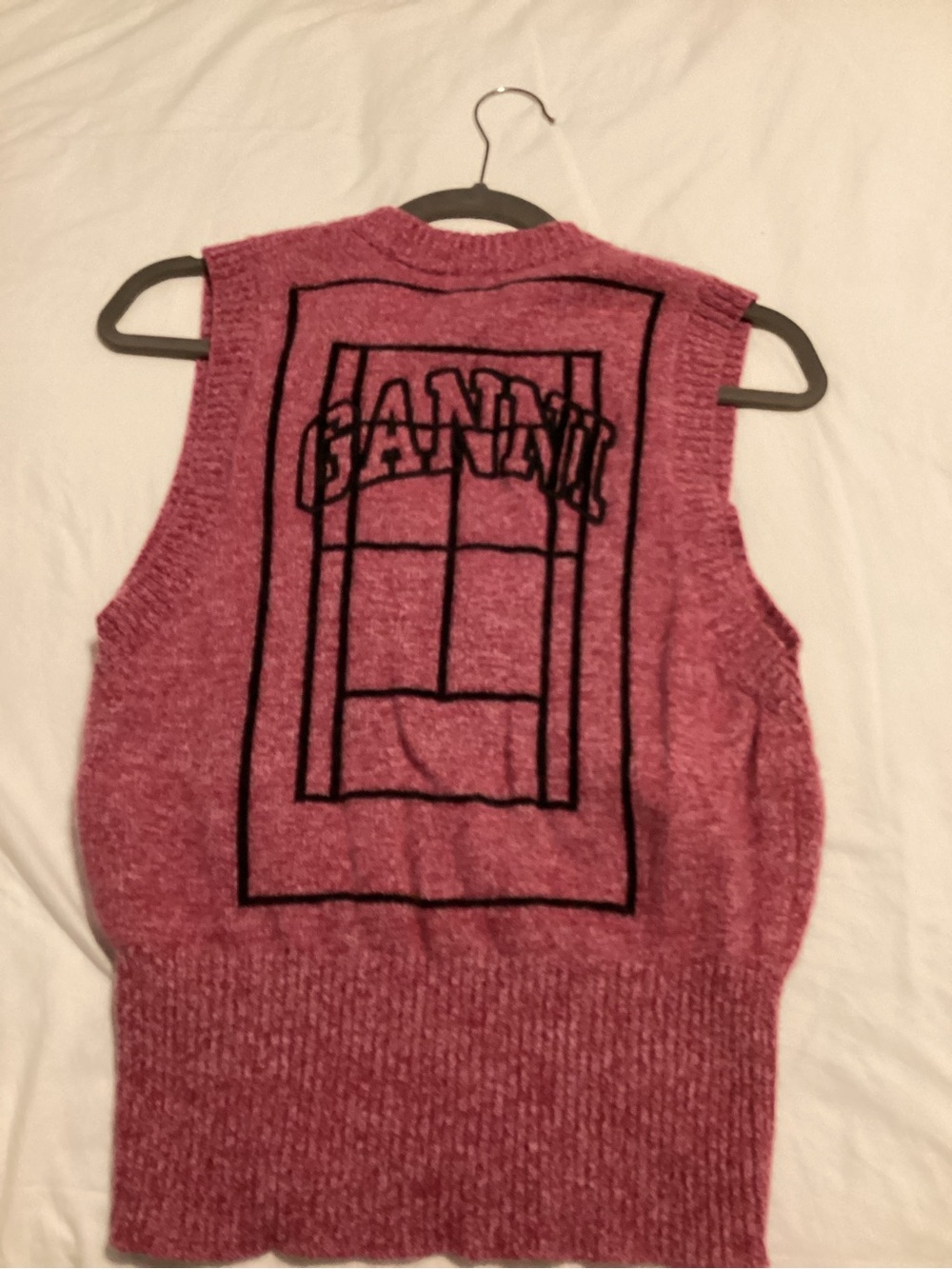 Ganni Pink Sleeveless V-Neck Knit Vest with Black Window Back Detail